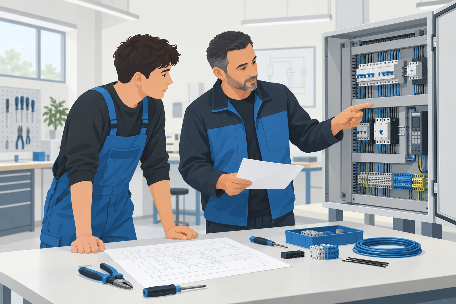 Illustration: Ein Auszubildender und eine betreuende Fachkraft besprechen die Montage an einem Schulungsschaltschrank.