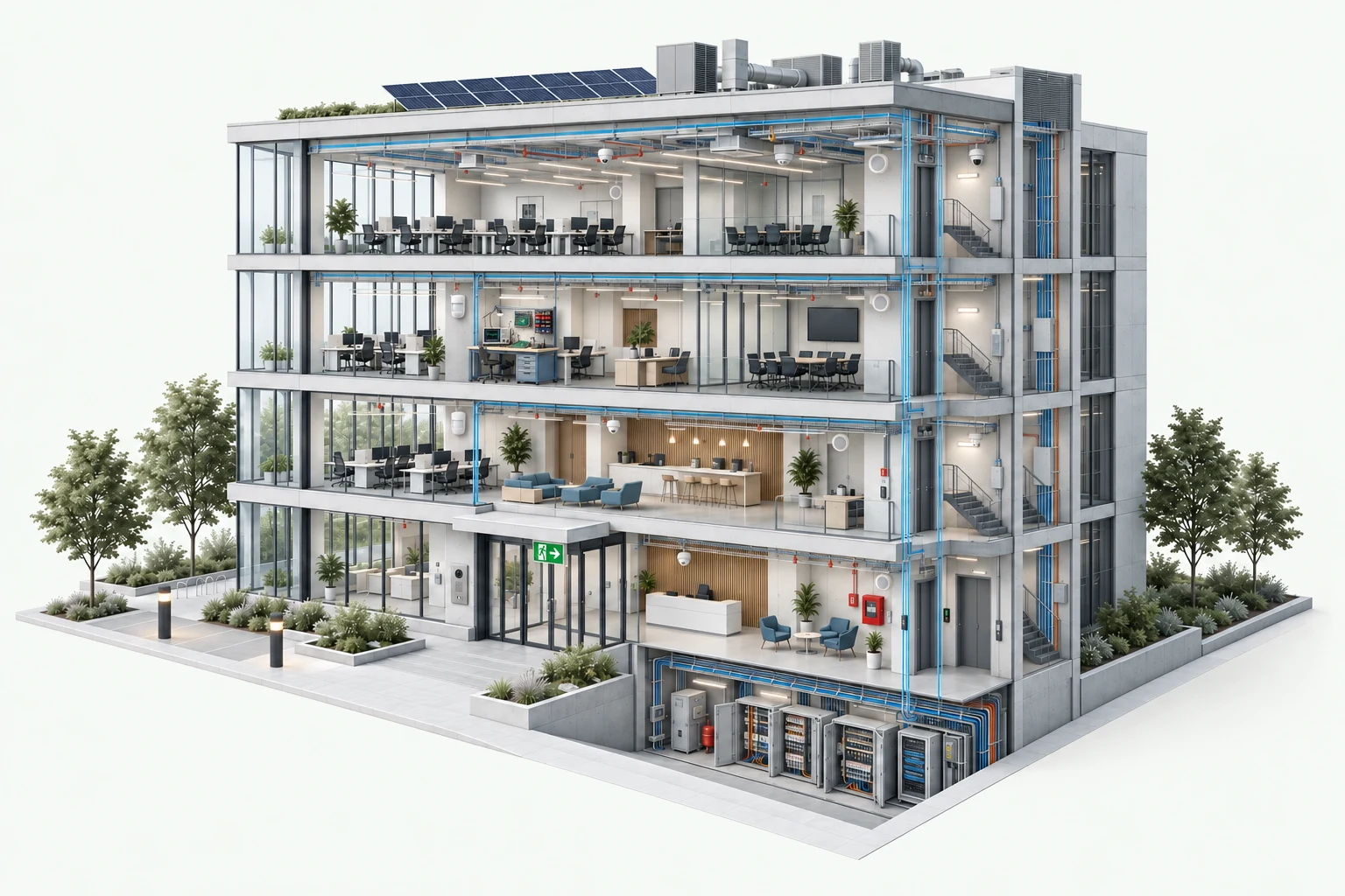 Schnittmodell mit vernetzten Gebäudesystemen, Elektronikwerkstatt, Sicherheitsbeleuchtung, Einbruchmeldern, Türsprechanlage am Eingang und Außenleuchten.