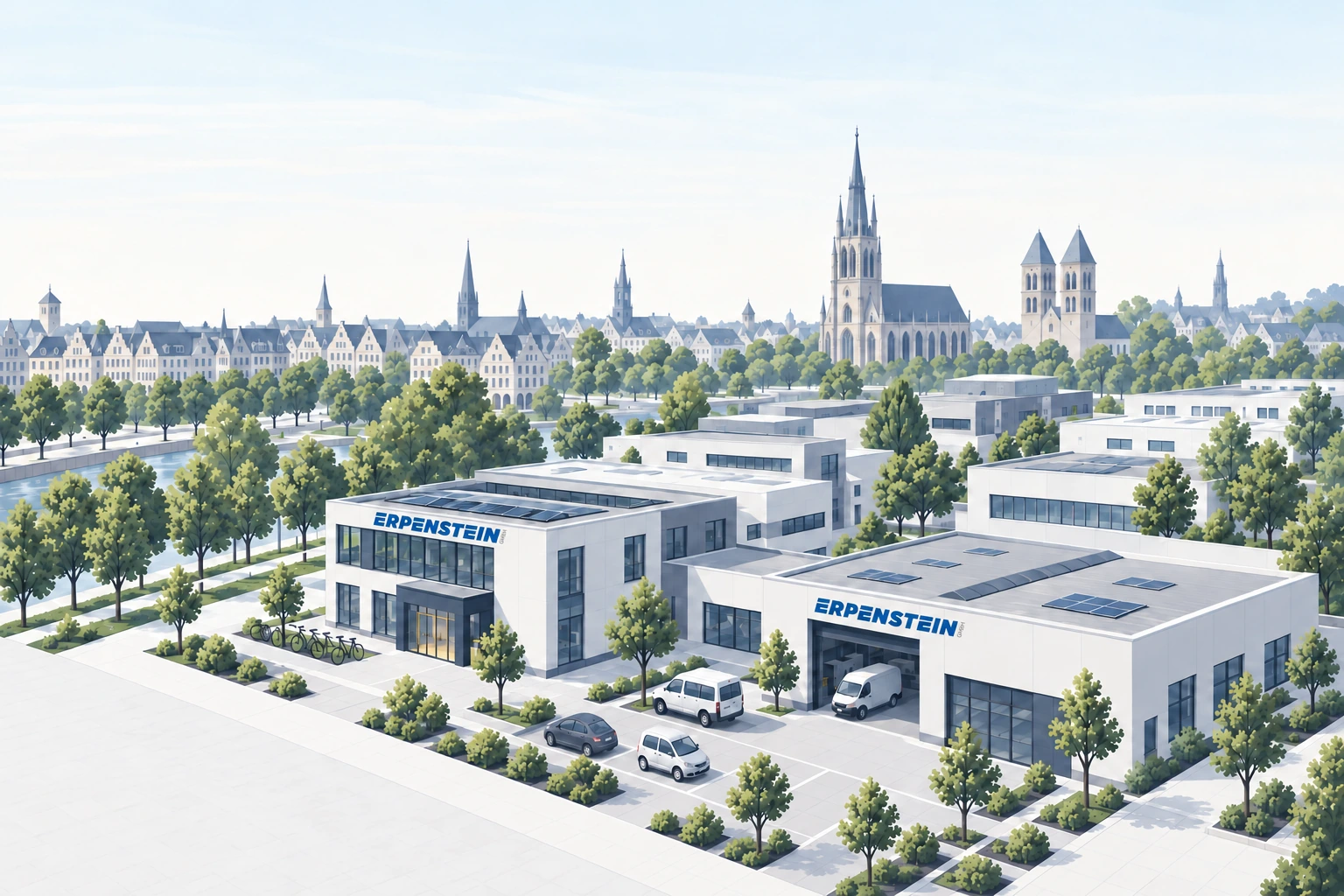 Designillustration: Münsteraner Skyline hinter Büro- und Werkstattgebäuden mit aktuellem Erpenstein-GmbH-Logo.
