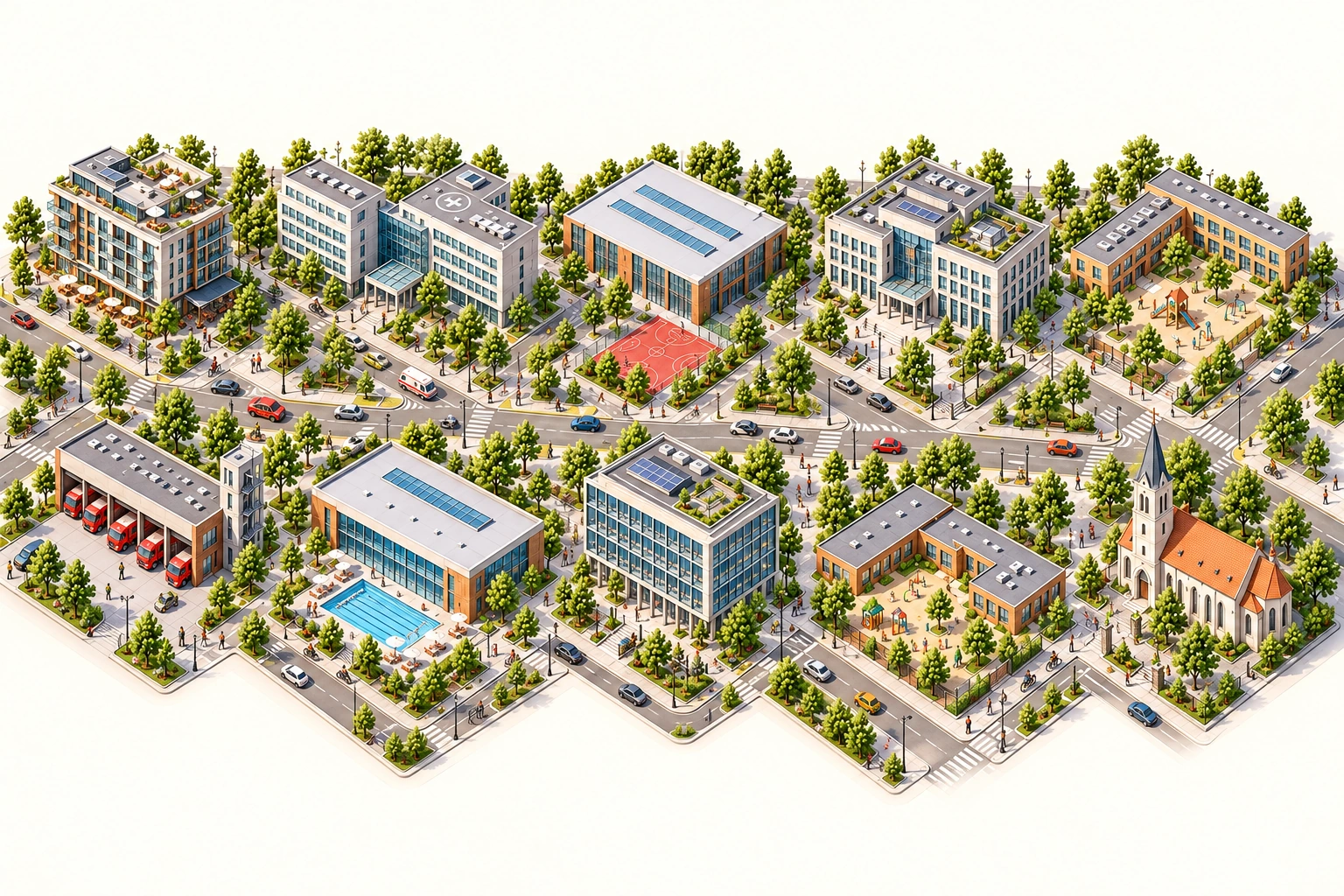 Schematische Architekturillustration: zehn Gebäudekategorien in zwei übersichtlichen Reihen, ohne Füllgebäude.
