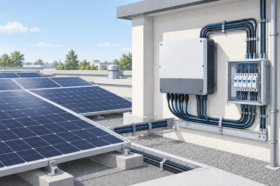 Illustration: Solarmodule und Wechselrichter
