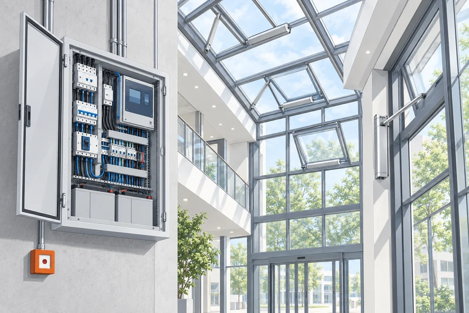 Illustration: Rauchabzug und natürliche Lüftung für öffentliche Gebäude, Hallen, Wintergärten und Glasanbauten